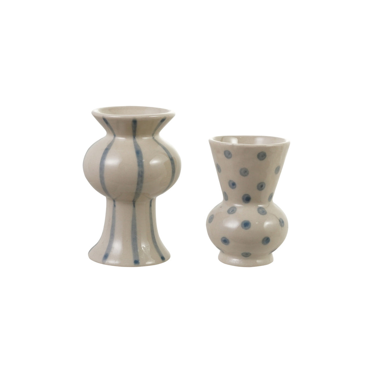 2 small bud vases with blue dots or stripes on them shown on a white background