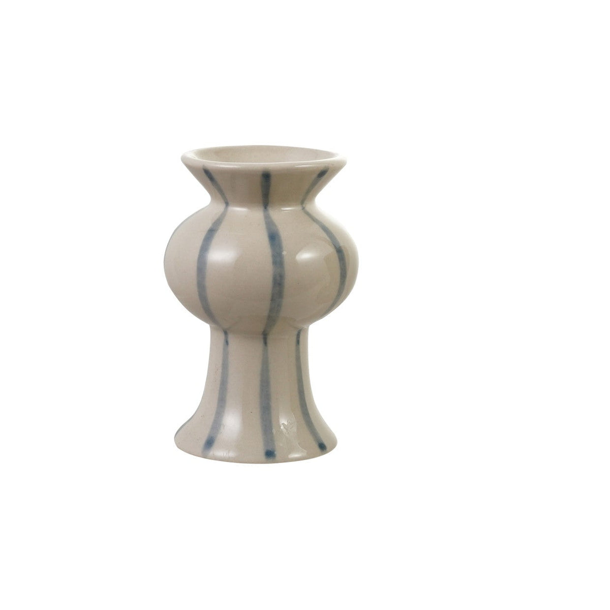 larger off white bud vase with blue vertical stripes and a round middle section