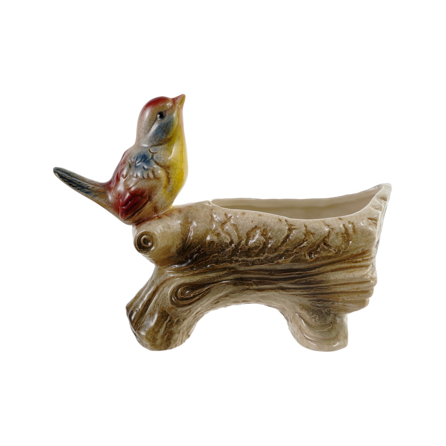 A ceramic planter shaped like a log, with a small bird perched on the left side. The log is in a warm beige and brown glaze, while the bird features multicolor detailing in red, yellow, and blue.