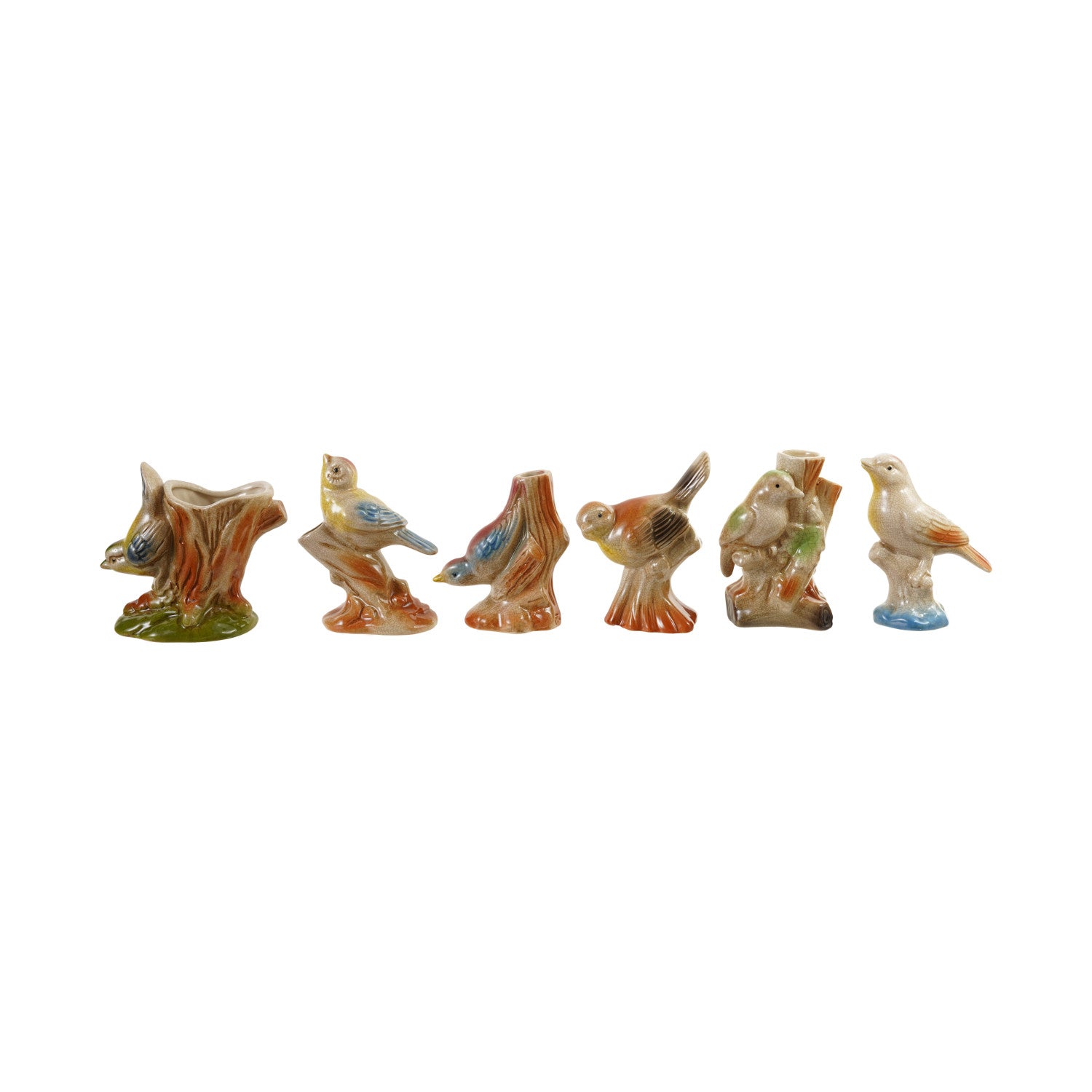 six bird on tree trunk vases on a white background