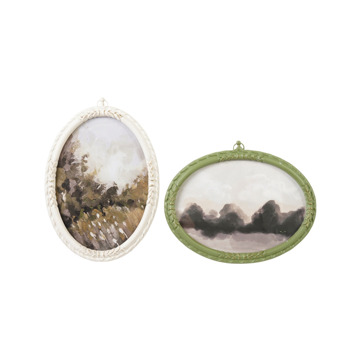 2 oval frames, one cream and one green,  shown on a white background