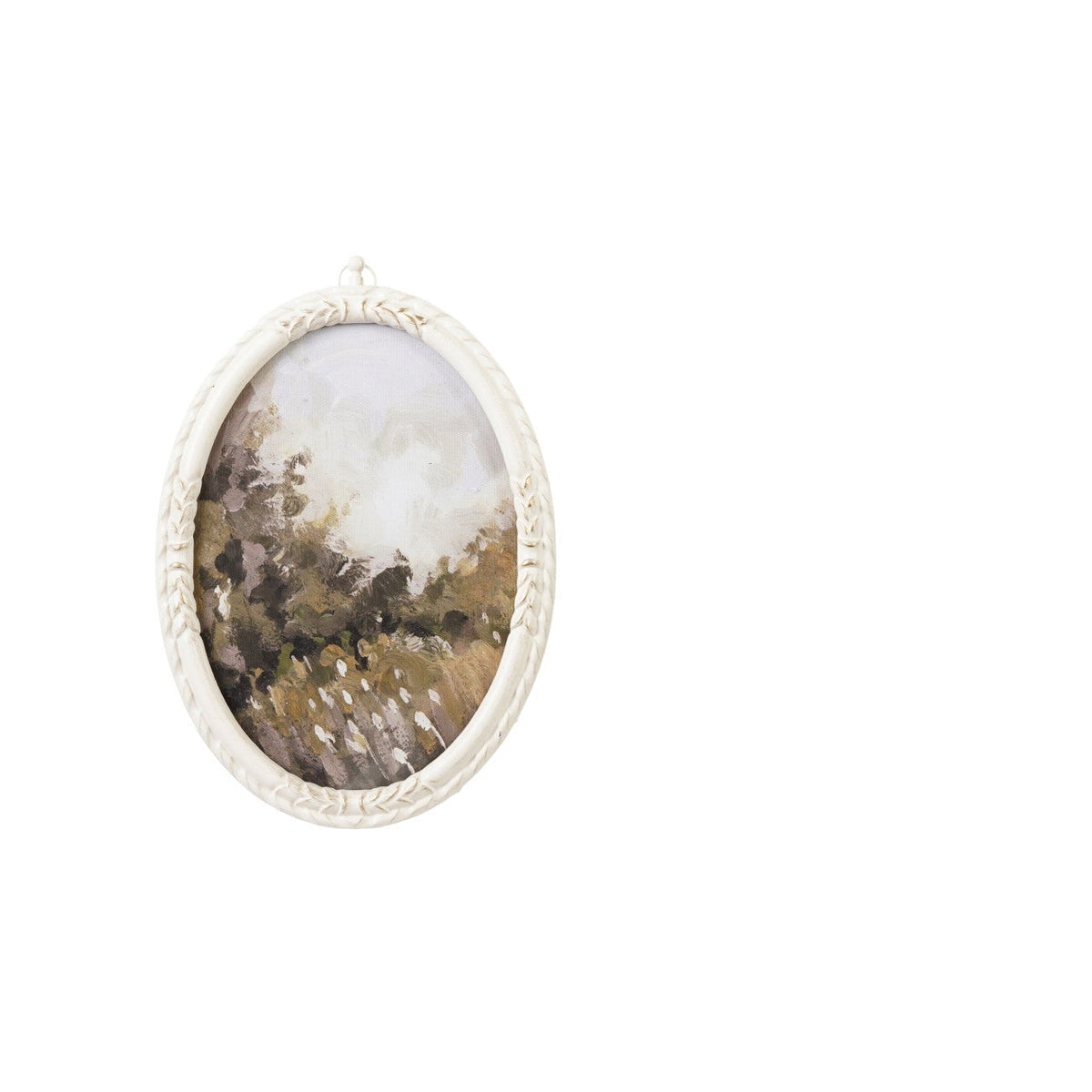 off-white vertical oval frame with greenery image in it