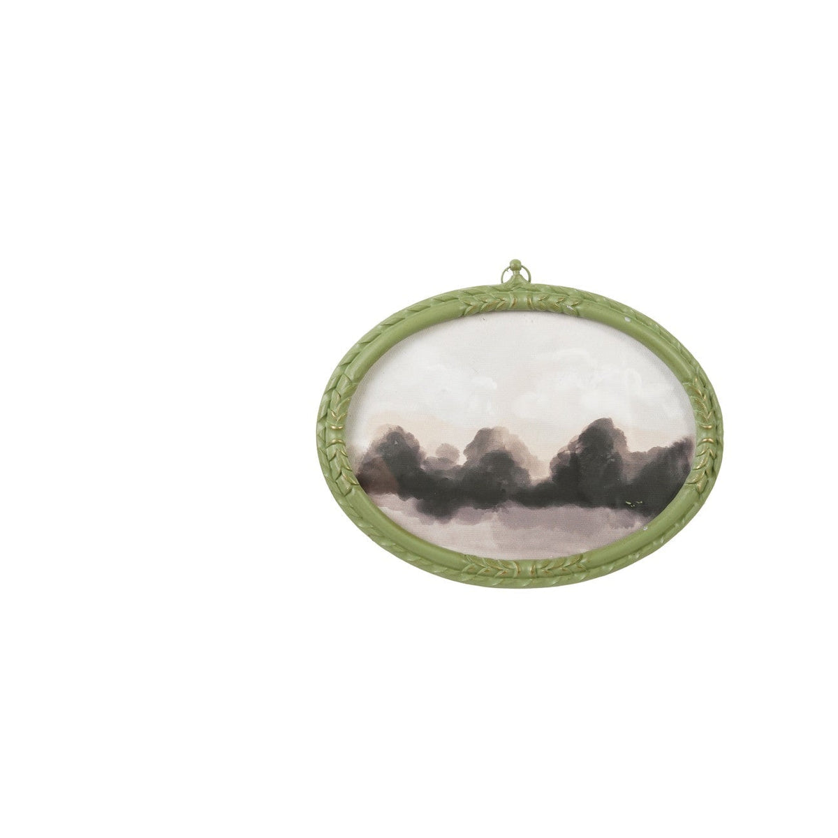 green horizontal oval frame with dark green landscape print in it