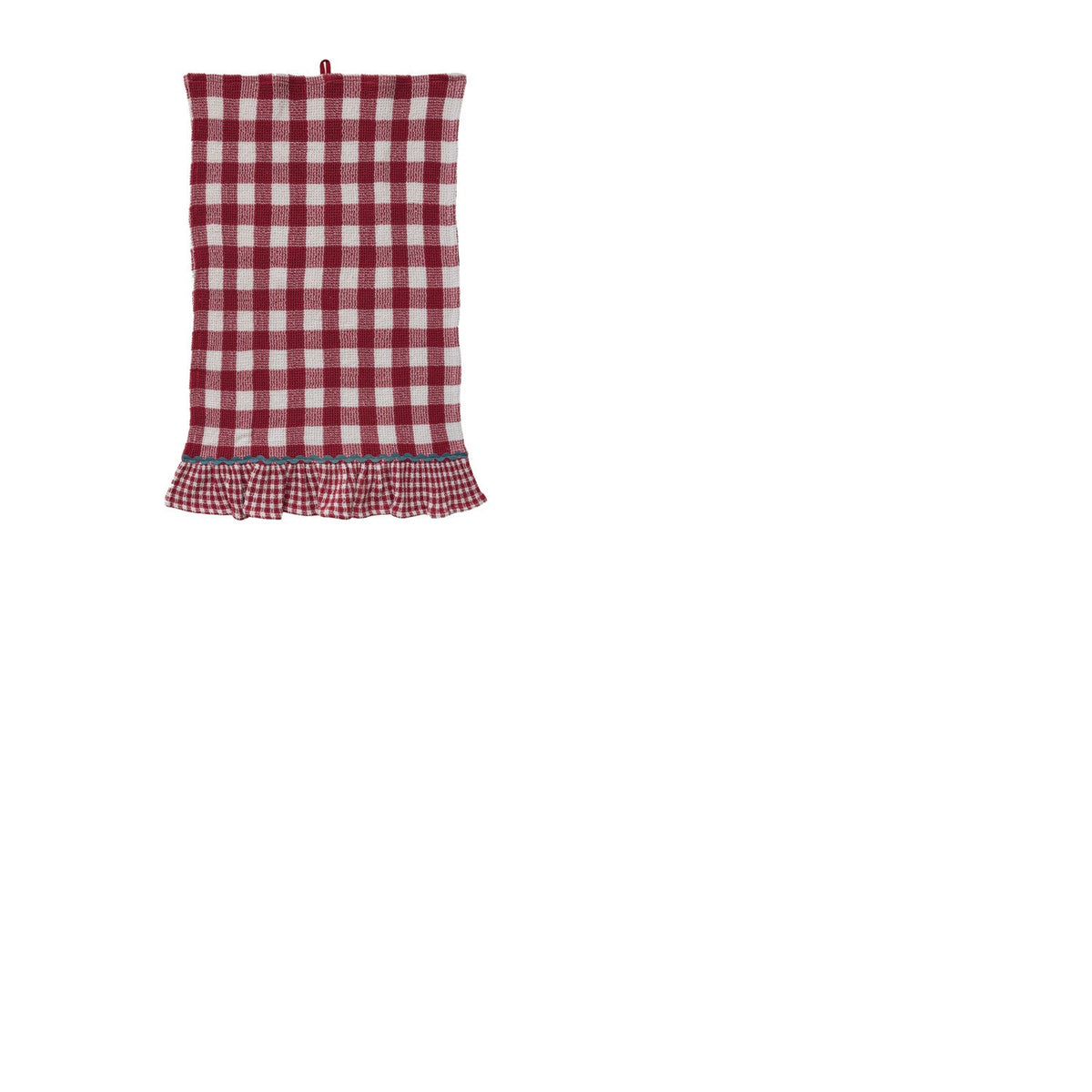 red gingham check kitchen towel with ruffled hem and blue ric rac trim