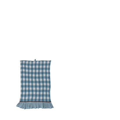 blue gingham check kitchen towel with ruffled hem and red ric rac trim