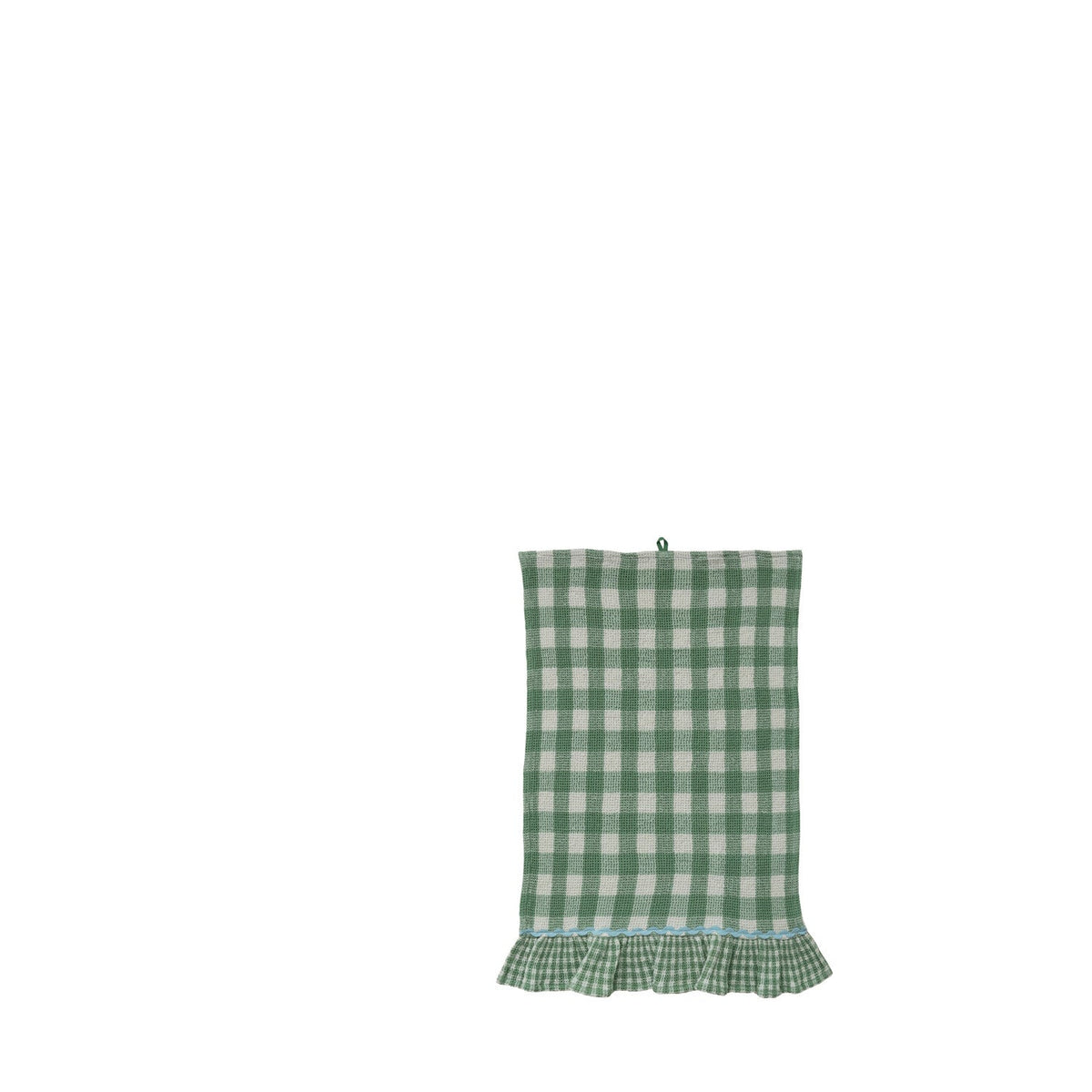 green gingham check kitchen towel with ruffled hem and light blue ric rac trim