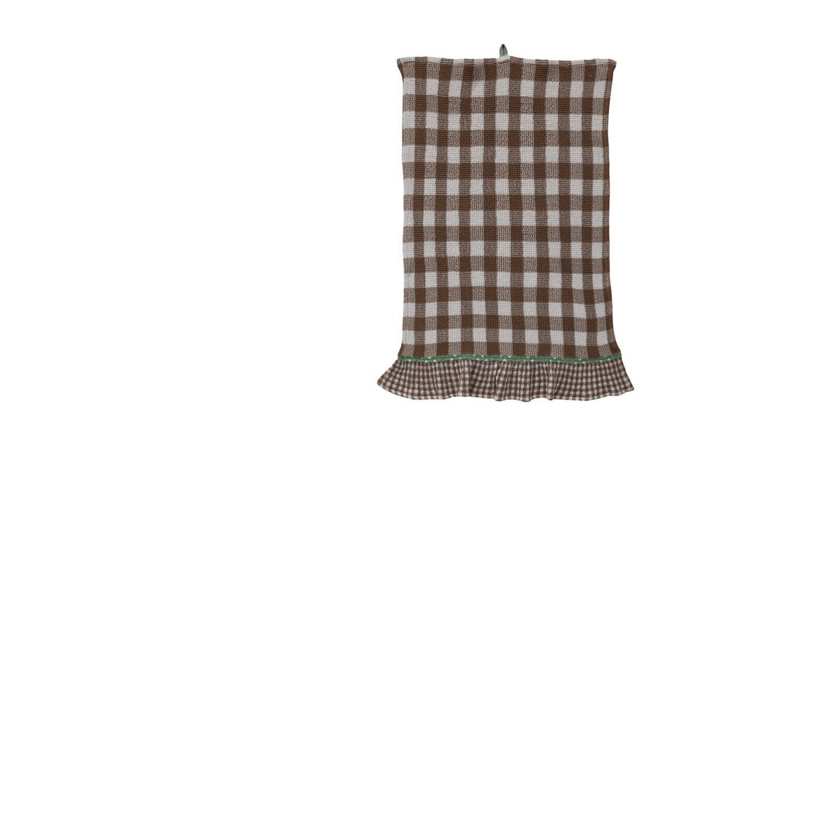 brown gingham check kitchen towel with ruffled hem and green ric rac trim