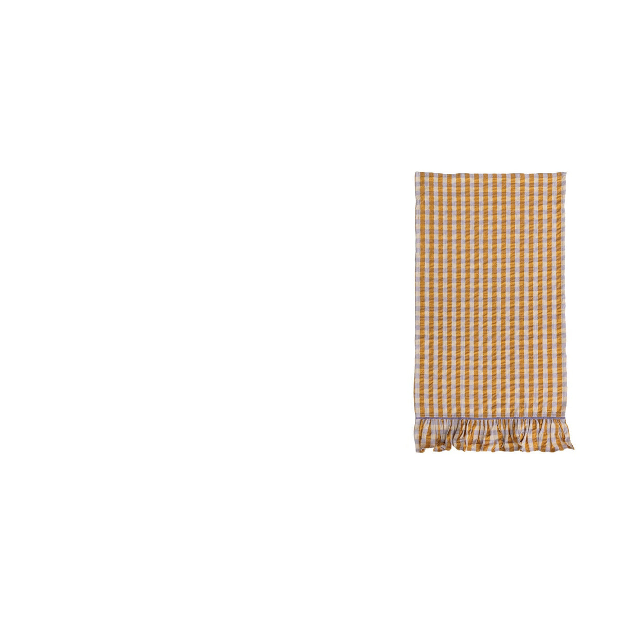 orange and lavender checked tea towel with ruffled hem