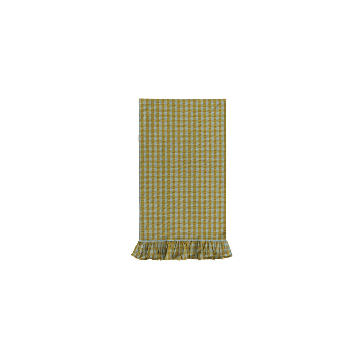 green and mint checked tea towel with ruffled hem