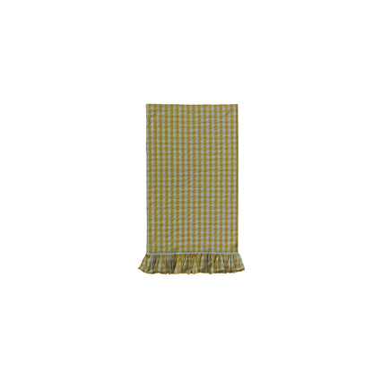 green and mint checked tea towel with ruffled hem