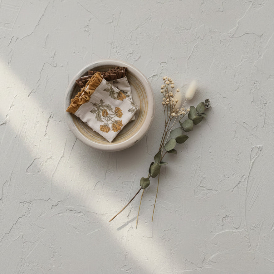bowl of folded towels set on a plaster surface with dried botanicals next to it