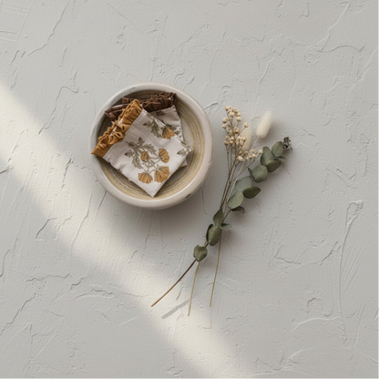 bowl of folded towels set on a plaster surface with dried botanicals next to it