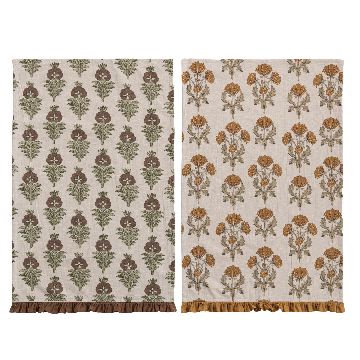 2 assorted floral printed dishtowels laying flat on a white background