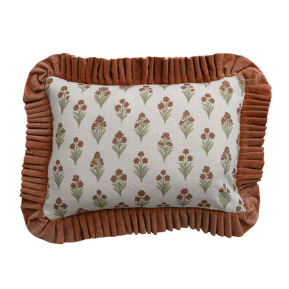 front view of Lumbar Floral Printed Pillow with Velvet Ruffle Edges shown on a white background