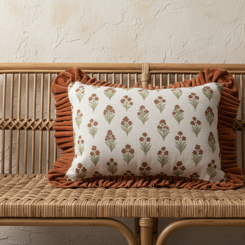 A rectangular decorative throw pillow with a rust brown ruffled border and a cream fabric set on a wicker bench