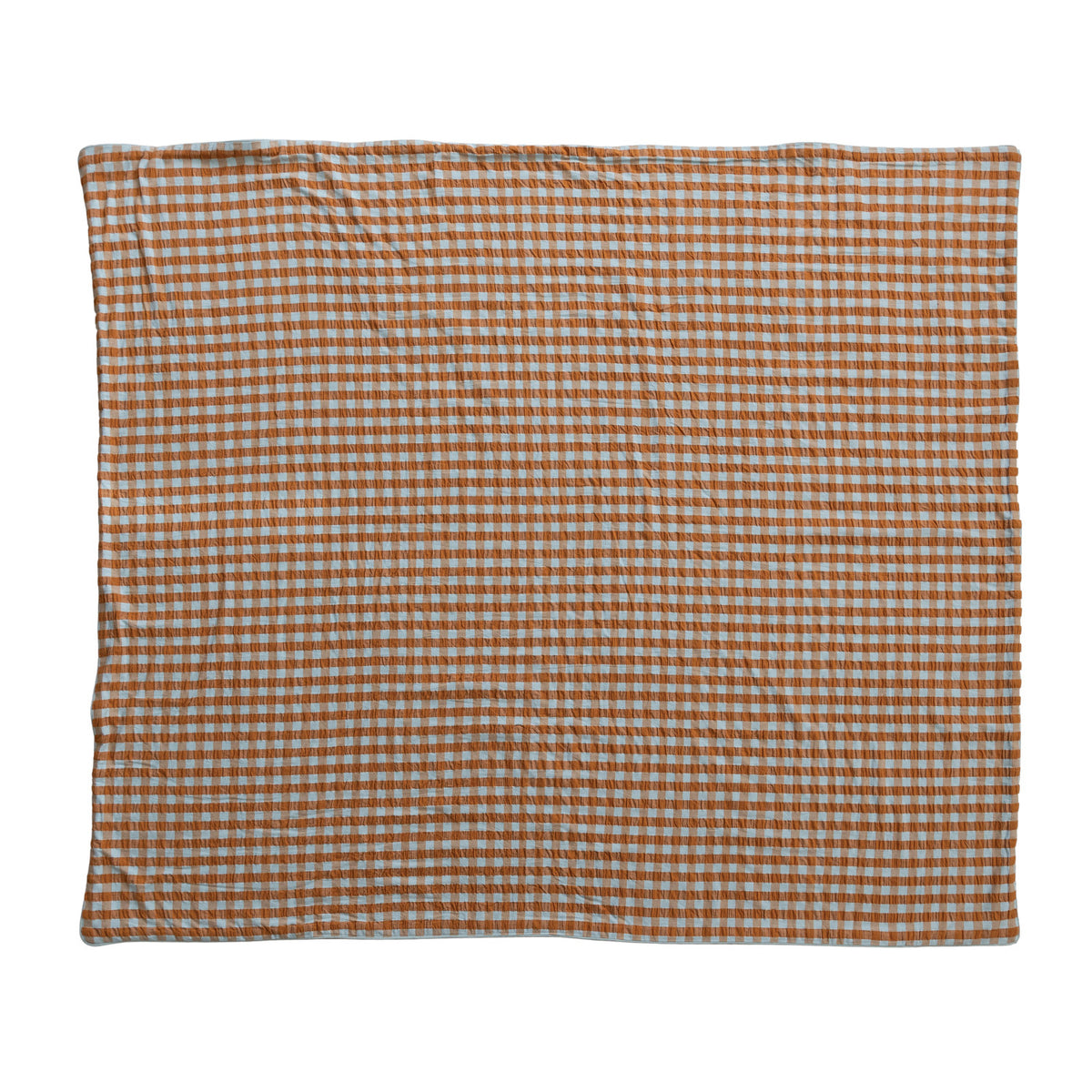 orange and light blue gingham blanket laying flat on a white background