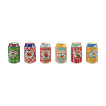 Six miniature ceramic cans lined up in a row on a plain white background. Each can features a different colorful retro pattern and label 