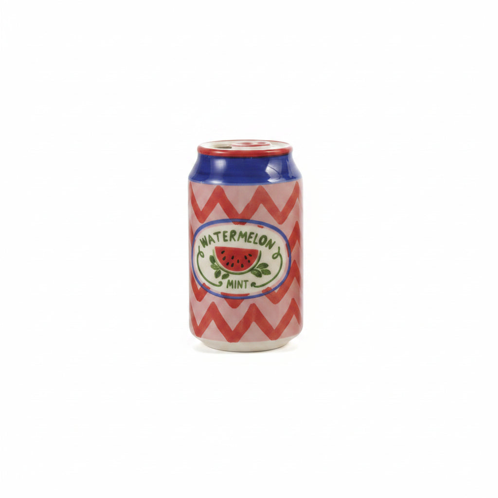 ceramic soda can vase with red and pink geometric pattern and blue rim with text 'watermelon mint ' and watermelon image painted label on it