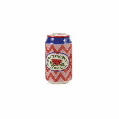 ceramic soda can vase with red and pink geometric pattern and blue rim with text 'watermelon mint ' and watermelon image painted label on it
