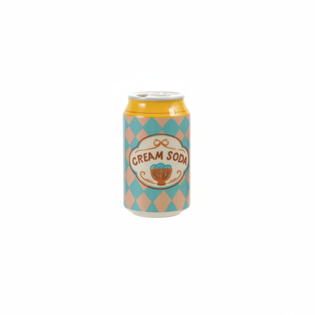 ceramic soda can vase with bleu and pale orange geometric pattern and yellow rim with text 'cream soda ' and  image painted label on it