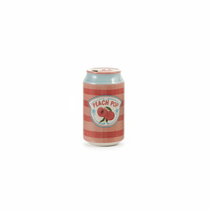ceramic soda can vase with peach and orange striped pattern and light blue rim with text 'peach pop ' and peach image painted label on it