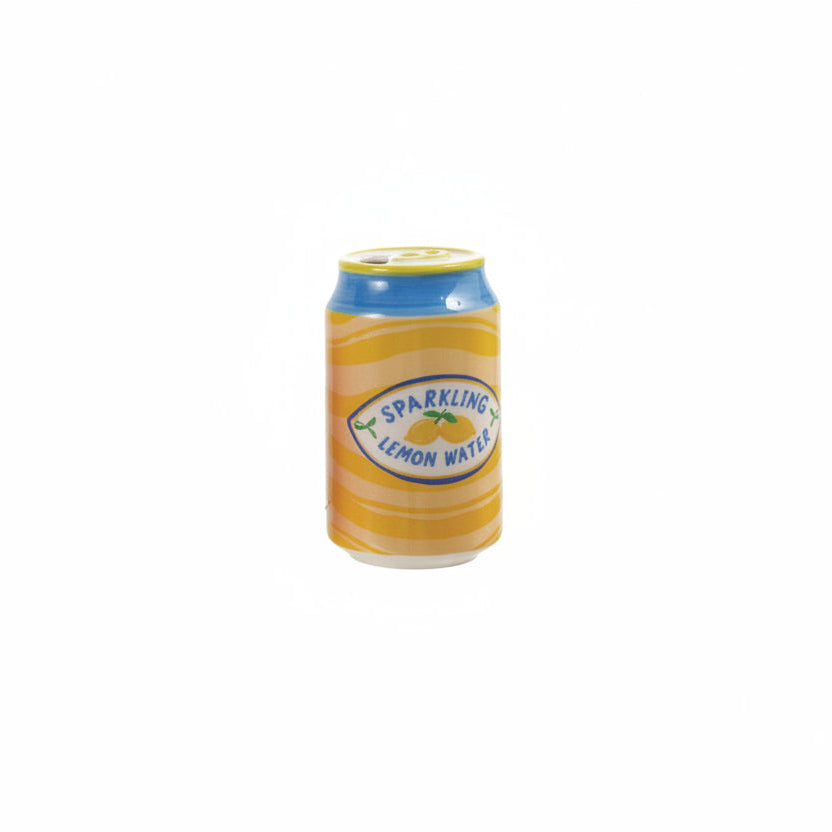 ceramic soda can vase with yellow geometric pattern and blue rim with text 'sparkling lemon water' and lemon image painted label on it