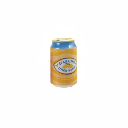 ceramic soda can vase with yellow geometric pattern and blue rim with text 'sparkling lemon water' and lemon image painted label on it