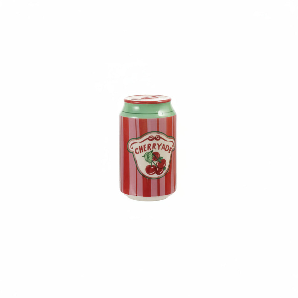 ceramic soda can vase with red and pink striped  pattern and pale green rim with text 'cherryade ' and cherry  image painted label on it