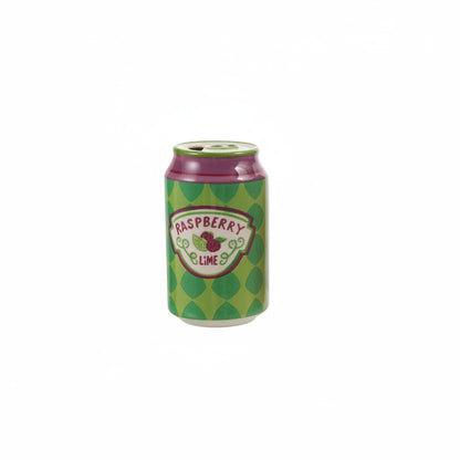 ceramic soda can vase with green geometric pattern and purple rim with text 'raspberry lime' and raspberry image painted label on it