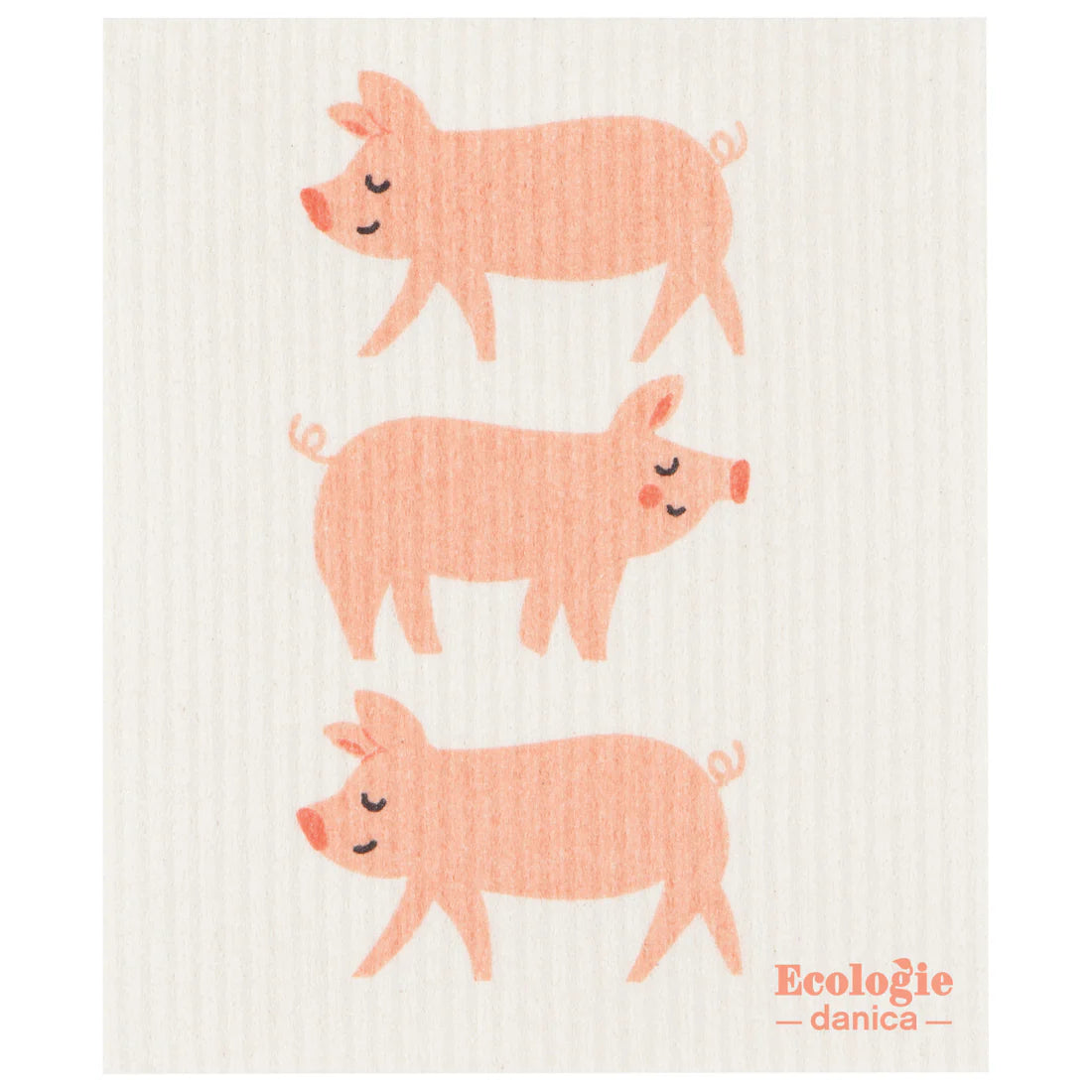 white dish cloth with 3 pink pig printed on it.