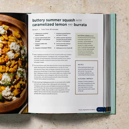 Open cookbook showing a recipe for butternut squash with caramelized lemon and burrata.
