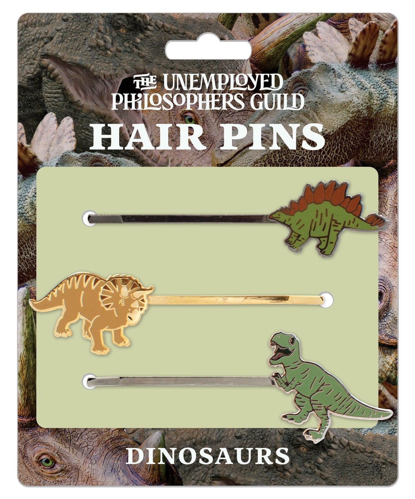 dinosaur hair pin set on its card packaging