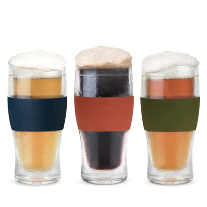 3 colors of beer freeze glasses filled with beer.