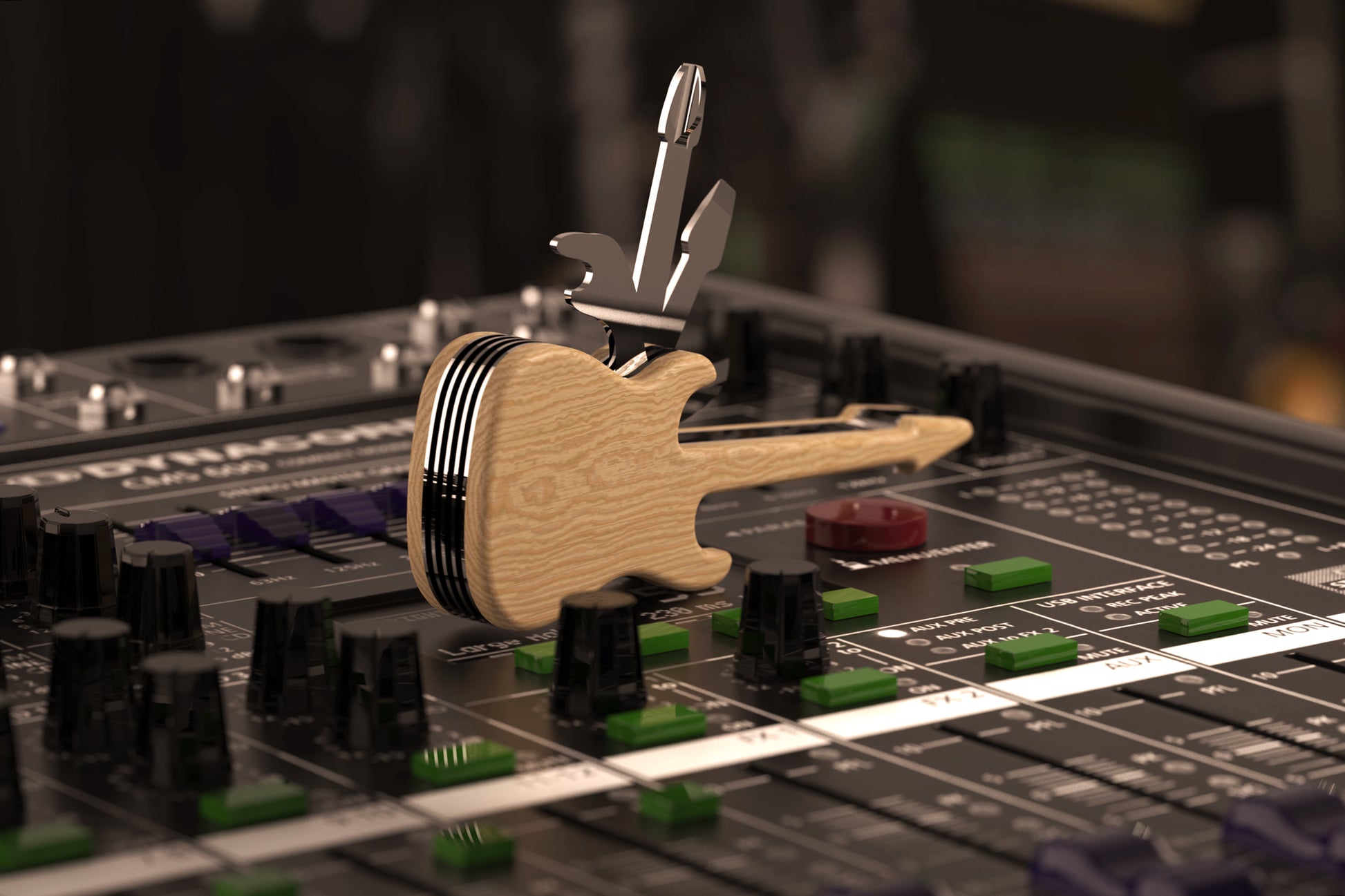 Guitar Multitool set on a music amp with tools fanned out.