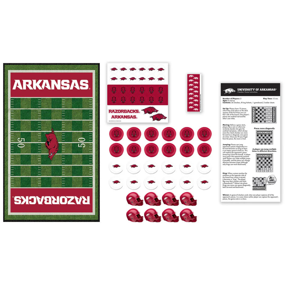 all the parts for the Arkansas checkers game arranged on a white background.