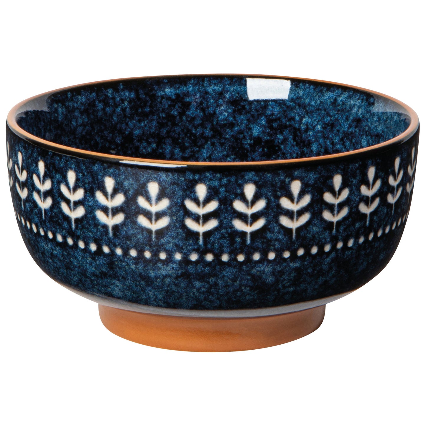 A small, round, blue stoneware bowl with a floral radial pattern on the perimeter.