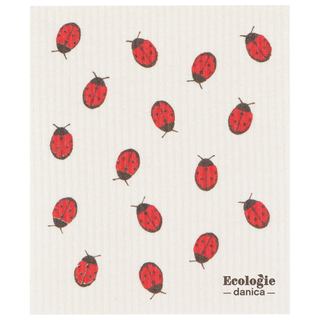 white dishcloth with red ladybug images printed on it