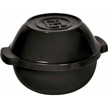 charcoal colored round bread pot with lid on it.