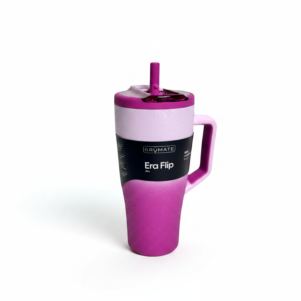 frosted rose insulated tumbler with straw and handle in ombre hues of dark to light rosy purple