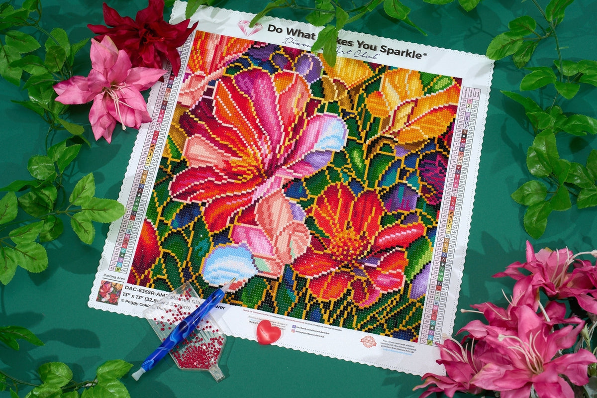 stained glass flower art being worked on