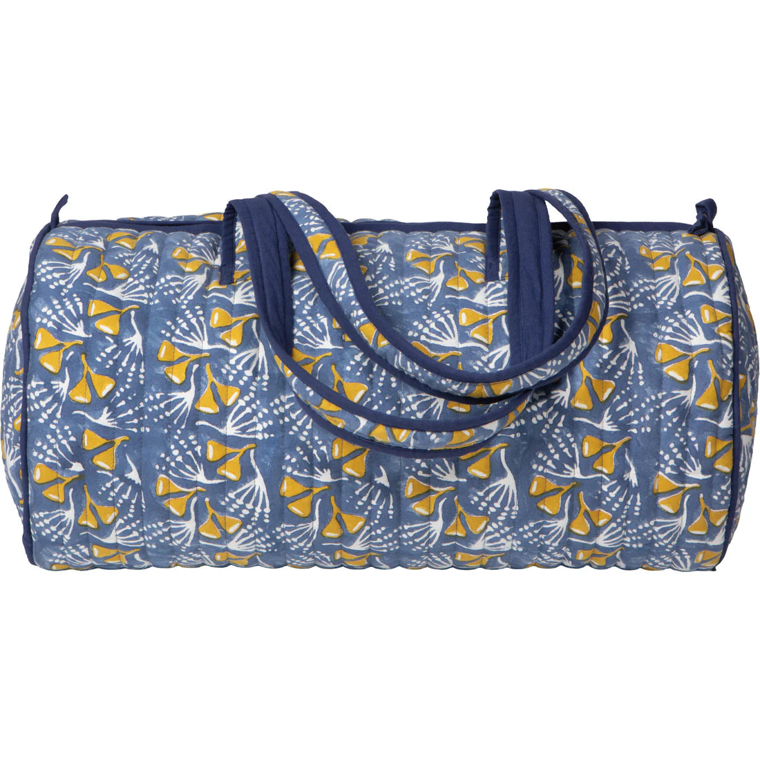 Blue duffel bag with yellow and white floral pattern on a white background