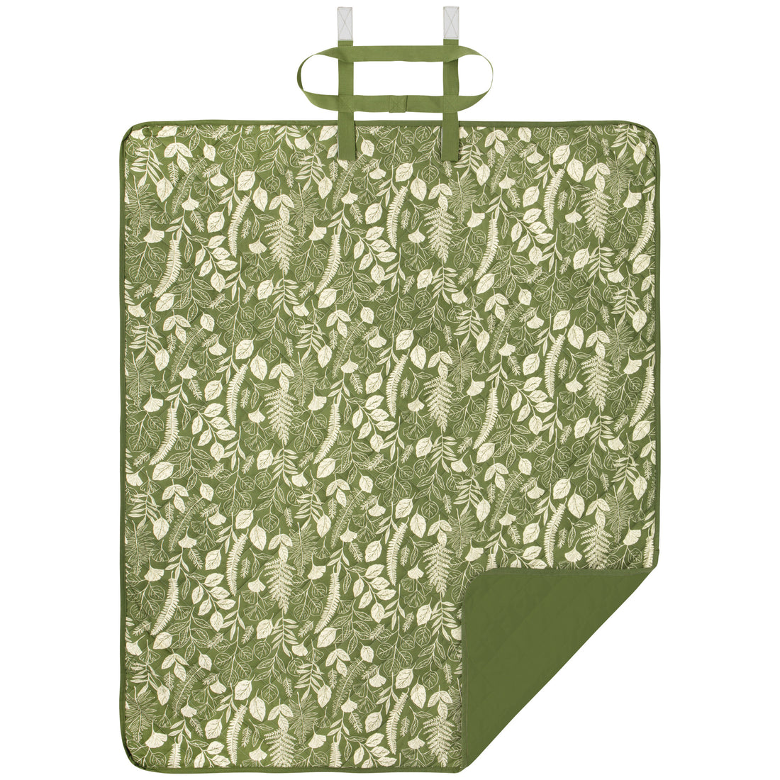 picnic blanket laying flat with one corner flapped over showing one side solid green and the other side green with cream leaves and fern design