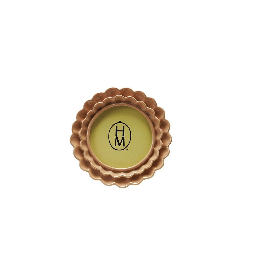 round beige frame with a double ruffle design shown on a white background