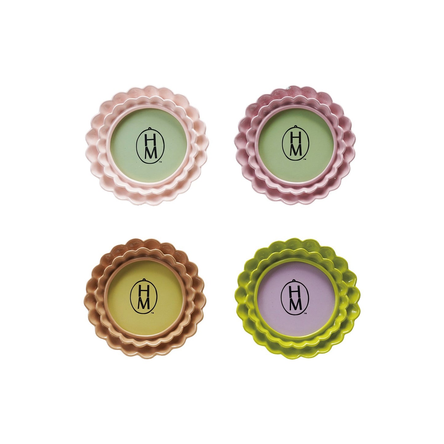 Four decorative round picture frames in pinks, green, and brown with a central logo on a white background.