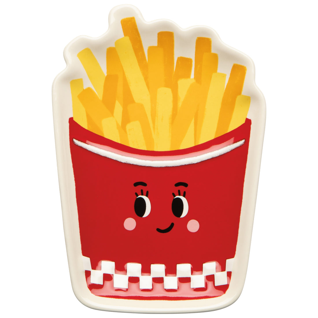 cream dish with a happy, smiling red carton of french fries on it