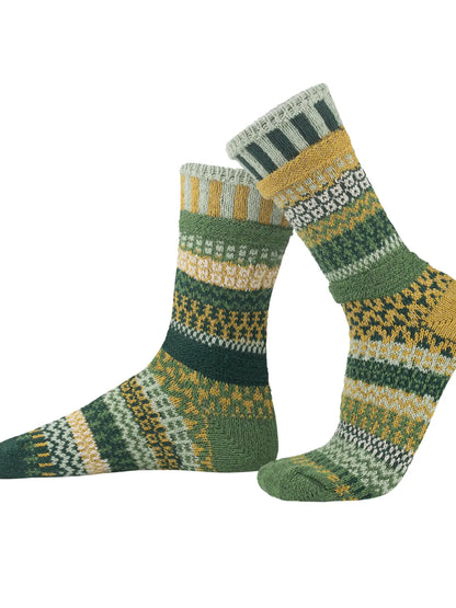 pair of Fiddlehead Crew Socks with similar but mismatched patterns shown on a white background