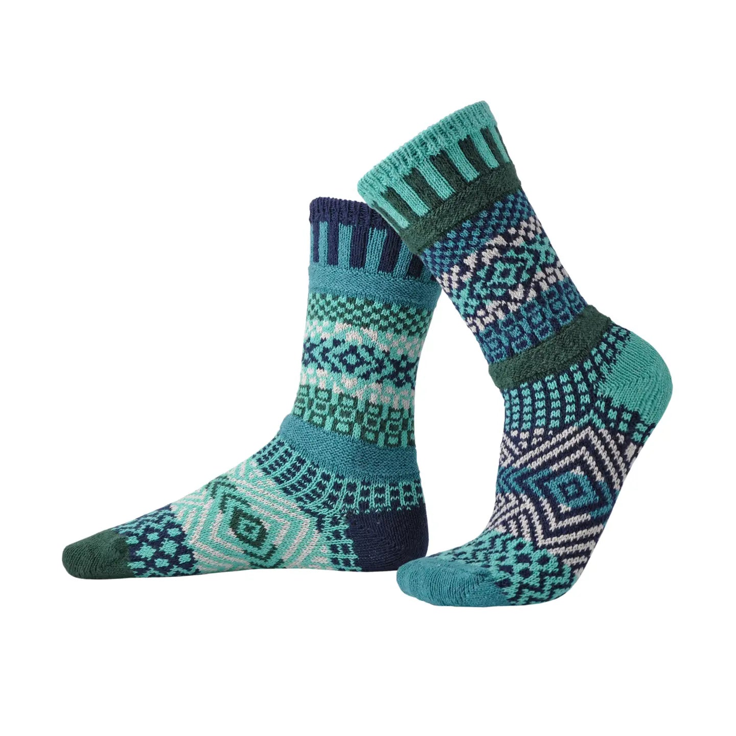 pair of Evergreen Crew Socks with similar but mismatched patterns shown on a white background