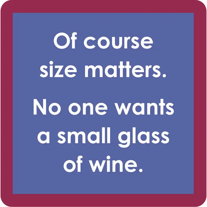 blue coaster with a maroon boarder and white text in the middle