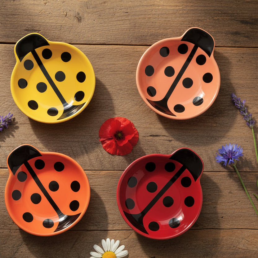4 ladybug-shaped little dishes in different colors on a wooden table with wildflowers scattered about