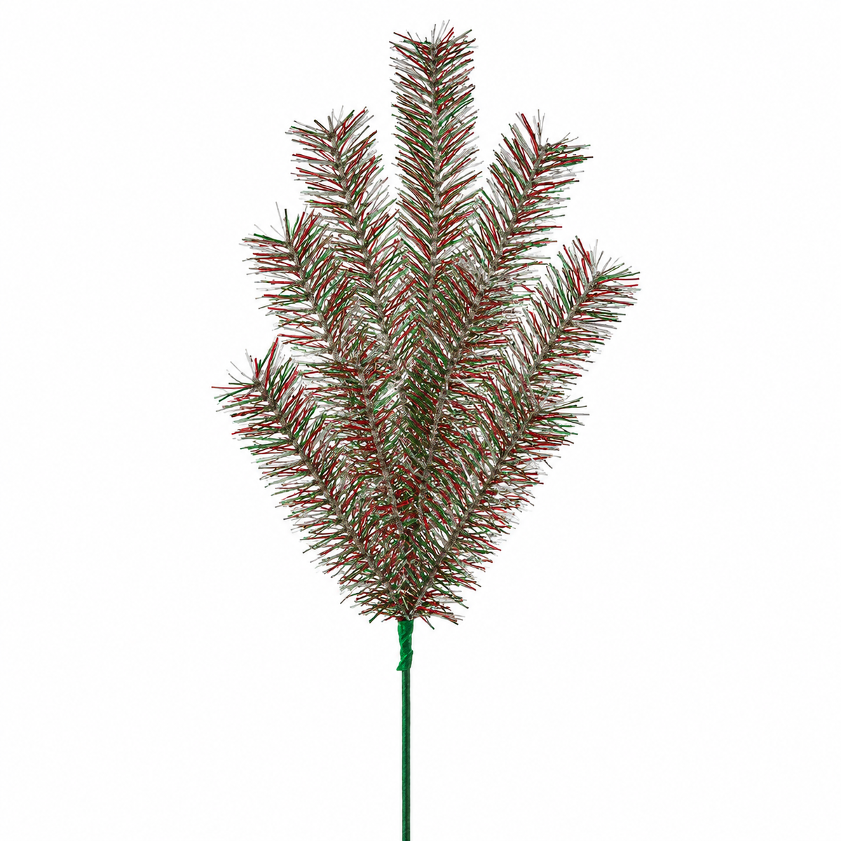 stem of tinsel in silver, red, and green shown on a white background